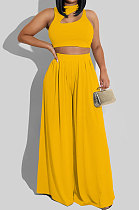 Yellow Women Sleeveless Solid Color Round Neck Dew Waist Pants Sets KZ2123-2