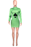 Green Fashion Plaid Printing Long Sleeve Round Collar Slim Fitting Solid Color Hip Mini Dress YMT6223-1