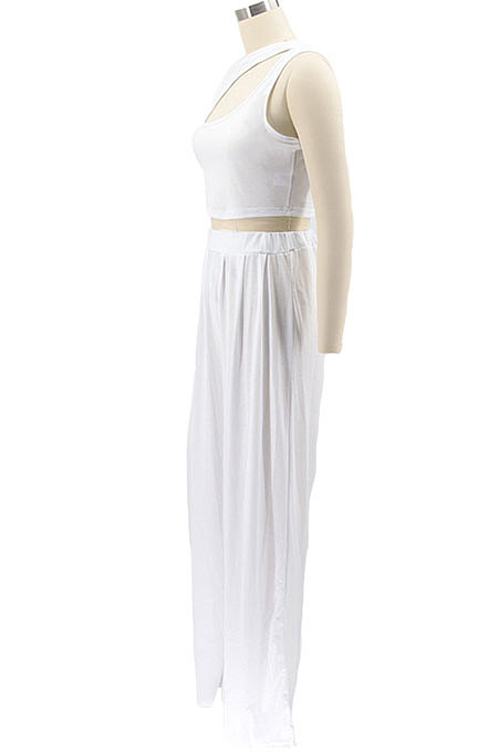 White Women Sleeveless Solid Color Round Neck Dew Waist Pants Sets KZ2123-1