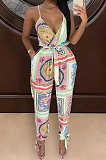 Black Euramerican Women Fashion Printing Condole Belt V Neck Casual Jumpsuit WME2068-2
