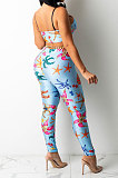 Sexy Women Fashion Printing Tight Condole Belt Backless Long Pants Sets YZ7034-3