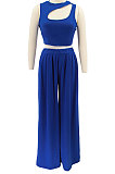 White Women Sleeveless Solid Color Round Neck Dew Waist Pants Sets KZ2123-1