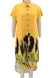 Yellow Women Turn-Down Collar Short Sleeve Irregular Printing Casual T Shirt/Shirt Dress KZ2118-3