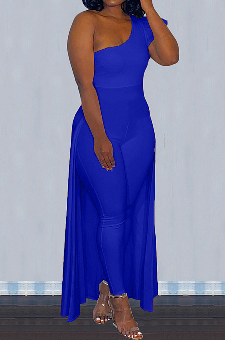 White Personality One Shoulder Short Sleeve Long Pants Cape Pure Color Bodycon Jumpsuits OMY80036-1
