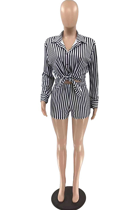 Black Fashion Stripe Long Sleeve Lapel Neck Single-Breasted Shirt Shorts Two-Piece QQ5258-2