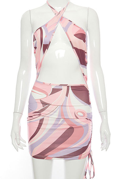 Newest Cross Neck Print Backless Drawstring Sexy Crop Mini Dress FWB132