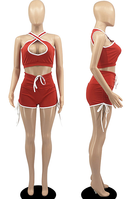 Blue Casual Halter Neck Backless Hollow Out Strapless Shorts Sports Two-Piece DR88114-2