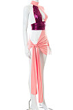 Euramerican Women Contrast Color Spliced Round Neck Hollow Out Tied Irregular Mini Dress FWB278