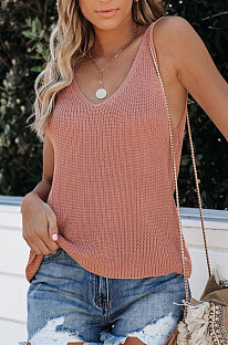 Pink Fashion Women Sleeveless V Neck Loose Solid Colur Tanks MDO6033-2