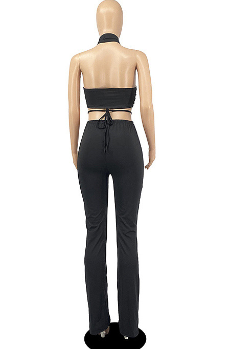 Green Night Club Solid Color Halter Neck Backless Strapless Ruffle Mid Waist Shift Pants Two-Piece DR8106-2