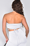 Red Night Club Solid Color Halter Neck Backless Strapless Ruffle Mid Waist Shift Pants Two-Piece DR8106-3