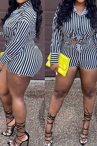 Black Fashion Stripe Long Sleeve Lapel Neck Single-Breasted Shirt Shorts Two-Piece QQ5258-2