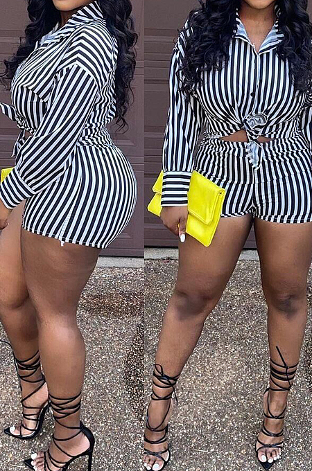 Black Fashion Stripe Long Sleeve Lapel Neck Single-Breasted Shirt Shorts Two-Piece QQ5258-2