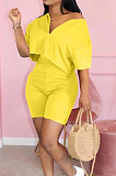 Gray Cotton Blend Casual Short Sleeve Stand Neck Zipper Top High Waist Shorts Solid Color Two-Piece QQ5182-4