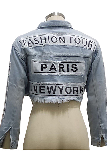 Blue Cute Letter Printing Lapel Neck Button Front With Pocket Jean Short Coat SMR10418 