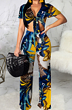 Black Fashion Digital Printing Short Sleeve V Neck Bandage Crop Top High Waist Shift Pants Two-Piece SMR10506-2