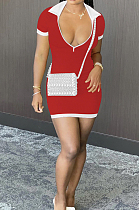 Red Casual Ribber Short Sleeve Lapel Neck Zipper Slim Fitting Hip Mini Dress DR88112-1