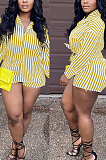 Green Fashion Stripe Long Sleeve Lapel Neck Single-Breasted Shirt Shorts Two-Piece QQ5258-1