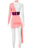 Euramerican Women Contrast Color Spliced Round Neck Hollow Out Tied Irregular Mini Dress FWB278