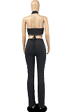 White Night Club Solid Color Halter Neck Backless Strapless Ruffle Mid Waist Shift Pants Two-Piece DR8106-1