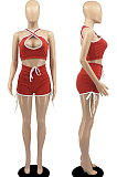 Red Casual Halter Neck Backless Hollow Out Strapless Shorts Sports Two-Piece DR88114-1