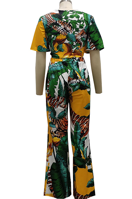 Blue Fashion Digital Printing Short Sleeve V Neck Bandage Crop Top High Waist Shift Pants Two-Piece SMR10506-3