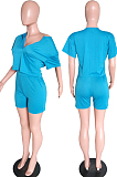 Blue Cotton Blend Casual Short Sleeve Stand Neck Zipper Top High Waist Shorts Solid Color Two-Piece QQ5182-1