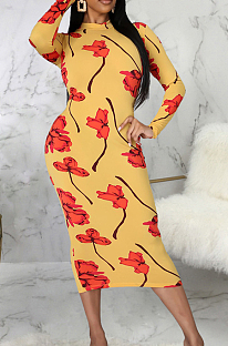 Yellow Digital Printing Long Sleeve Round Collar Zipper Bandage Bodycon Dress SMR10491