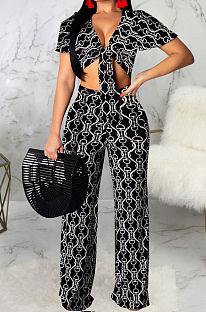 Black Fashion Digital Printing Short Sleeve V Neck Bandage Crop Top High Waist Shift Pants Two-Piece SMR10506-2