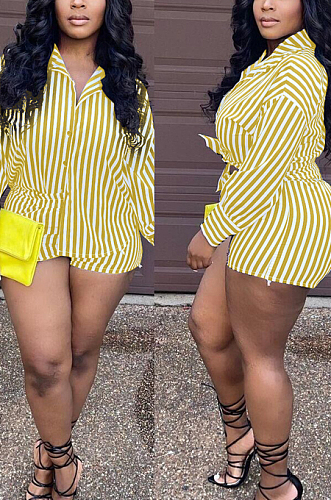 Yellow Fashion Stripe Long Sleeve Lapel Neck Single-Breasted Shirt Shorts Two-Piece QQ5258-5