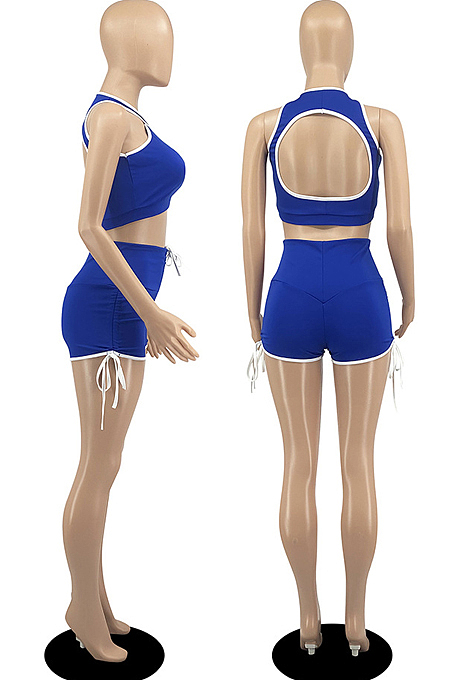 Blue Casual Halter Neck Backless Hollow Out Strapless Shorts Sports Two-Piece DR88114-2