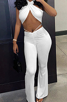 White Night Club Solid Color Halter Neck Backless Strapless Ruffle Mid Waist Shift Pants Two-Piece DR8106-1