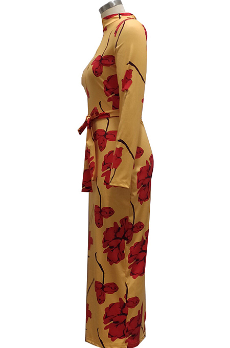Yellow Digital Printing Long Sleeve Round Collar Zipper Bandage Bodycon Dress SMR10491