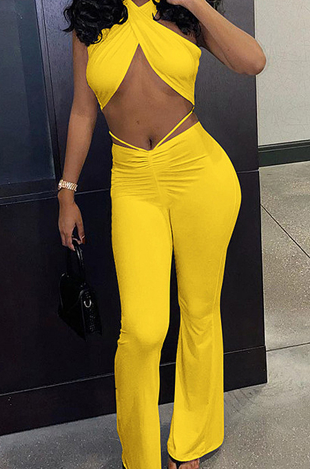 Red Night Club Solid Color Halter Neck Backless Strapless Ruffle Mid Waist Shift Pants Two-Piece DR8106-3