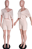 Purple Cotton Blend Casual Short Sleeve Stand Neck Zipper Top High Waist Shorts Solid Color Two-Piece QQ5182-8