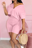 Purple Cotton Blend Casual Short Sleeve Stand Neck Zipper Top High Waist Shorts Solid Color Two-Piece QQ5182-8