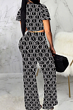 Blue Fashion Digital Printing Short Sleeve V Neck Bandage Crop Top High Waist Shift Pants Two-Piece SMR10506-3