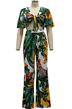 Blue Fashion Digital Printing Short Sleeve V Neck Bandage Crop Top High Waist Shift Pants Two-Piece SMR10506-3