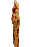 Yellow Digital Printing Long Sleeve Round Collar Zip Back Collcet Waist Bandage Wide Leg Jumpsuits SMR10492 