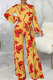 Yellow Digital Printing Long Sleeve Round Collar Zip Back Collcet Waist Bandage Wide Leg Jumpsuits SMR10492 
