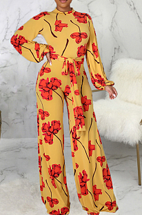 Yellow Digital Printing Long Sleeve Round Collar Zip Back Collcet Waist Bandage Wide Leg Jumpsuits SMR10492 