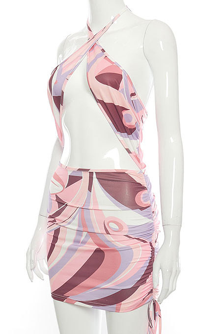 Newest Cross Neck Print Backless Drawstring Sexy Crop Mini Dress FWB132