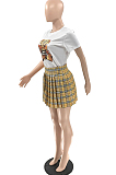 Yellow Cute Cartoon Graphic Short Sleeve Round Collar T-Shirt High Waist Plaid Pleated Skirts Sets QQ5253