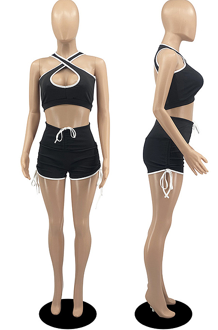 Blue Casual Halter Neck Backless Hollow Out Strapless Shorts Sports Two-Piece DR88114-2