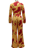 Yellow Digital Printing Long Sleeve Round Collar Zip Back Collcet Waist Bandage Wide Leg Jumpsuits SMR10492 