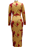 Yellow Digital Printing Long Sleeve Round Collar Zipper Bandage Bodycon Dress SMR10491