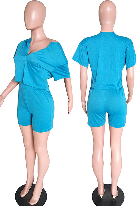 Purple Cotton Blend Casual Short Sleeve Stand Neck Zipper Top High Waist Shorts Solid Color Two-Piece QQ5182-8