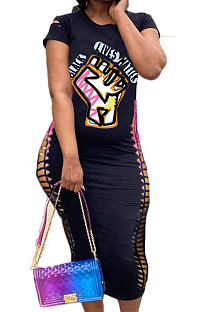 Black Lady Printing Hollow Out Short Sleeves Casual Midi Dress SDE2642-2