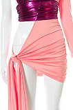 Euramerican Women Contrast Color Spliced Round Neck Hollow Out Tied Irregular Mini Dress FWB278