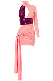 Euramerican Women Contrast Color Spliced Round Neck Hollow Out Tied Irregular Mini Dress FWB278
